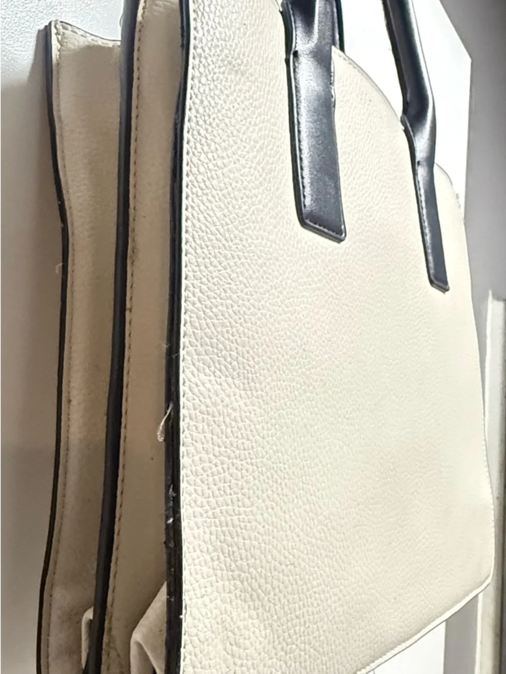 Cream and Black Leather Tote Bag